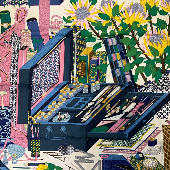 Hermes Ivory / Blue / Pink Multi Les Tresors d'Un Artiste Square Silk Twill Scar - Picture 5 of 10